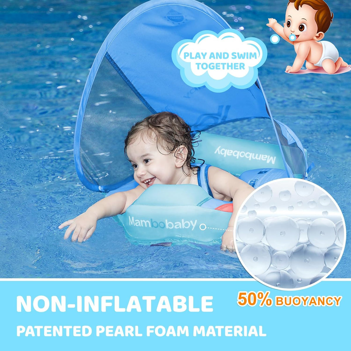 Mambobaby Baby Float with Canopy & Tail Non-Inflatable Baby Swim - BLUE - image 2
