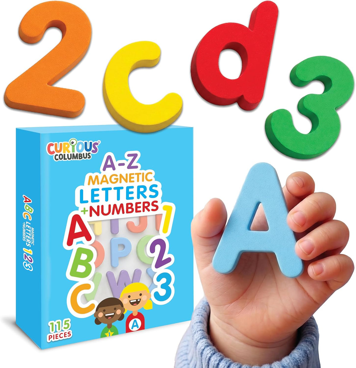 Curious Columbus 115 foam magnetic letters and numbers on a fridge, uppercase and lowercase