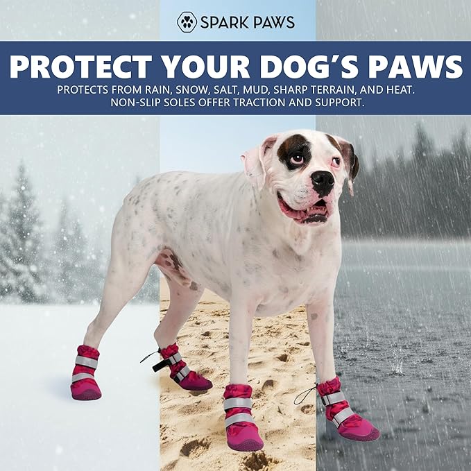 Spark Paws Dog Shoes, Waterproof Dog Boots for Medium to Large Dogs, Non Slip, Breathable Dog Booties and Paw Protectors - 4PCS Doggie Hiking Boots with Reflective Straps, Pink Camo, Size 5