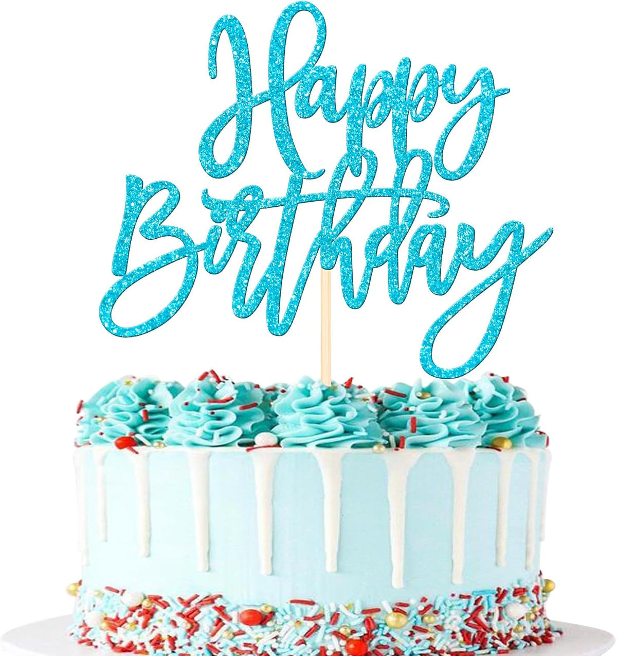 ZHUOWEISM 1 PCS Gold Happy Birthday & Anniversary Cake Topper – Fun for Kids & Family - Light Blue