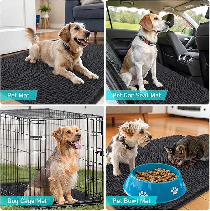 OLANLY Dog Door Mat Set 4-Piece 24x16, Absorbs Moisture and Dirt, Absorbent Non-Slip Washable Doormat, Quick Dry Chenille Mud Mat for Dogs, Entry Indoor Entryway Carpet for Inside Floor, Dark Grey
