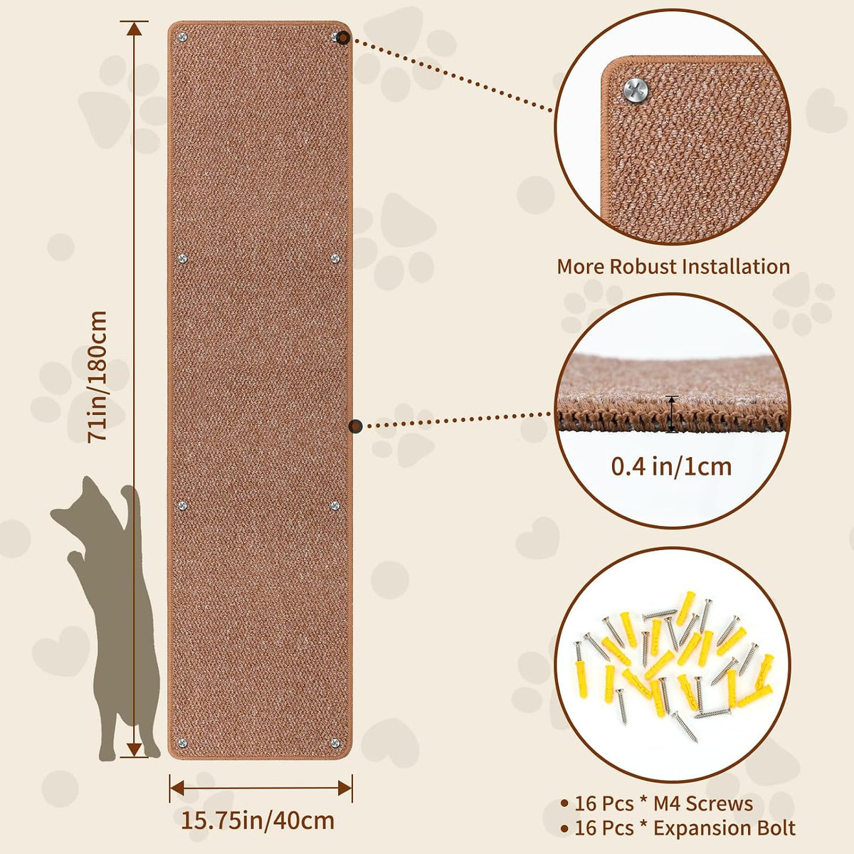 FHTONGE 71x15.8" Thickened Cat Wall Climbing Carpet with 16 Fixed - Coffee Brown / 71x15.8"(180x40cm) - image 2