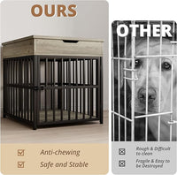 IRONCK Dog Crate Furniture for Small Dogs, Wooden Dog Kennel with Flip Top Drawer, Indoor Pet Crate End Table with Charging Station, Steel-Tube Dog Cage, Gray