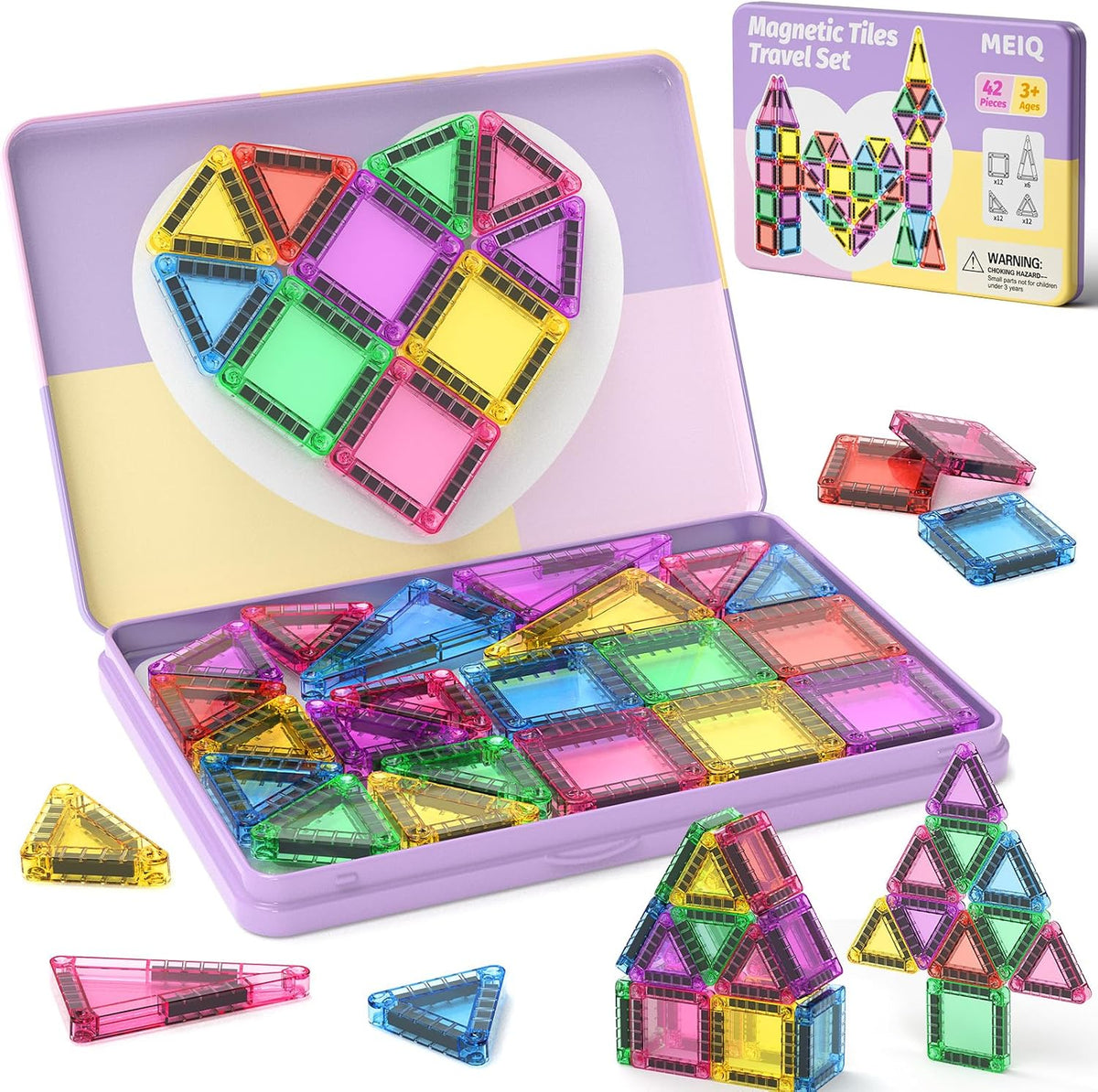 42PCS Mini Magnetic Tiles Travel Set with Iron Storage Box - 42 Pieces