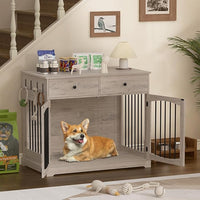 40 Inch Furniture-Style Dog Crate-Multipurpose Wood Pet Crate Furniture with Double Doors,2 Drawers, Decorative Dog House Indoor for Smal/Medium Dogs, Gray Finish