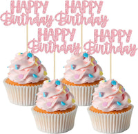 Gyufise 24Pcs Happy Birthday Cupcake Toppers Gold Glitter Celebrating - Pink