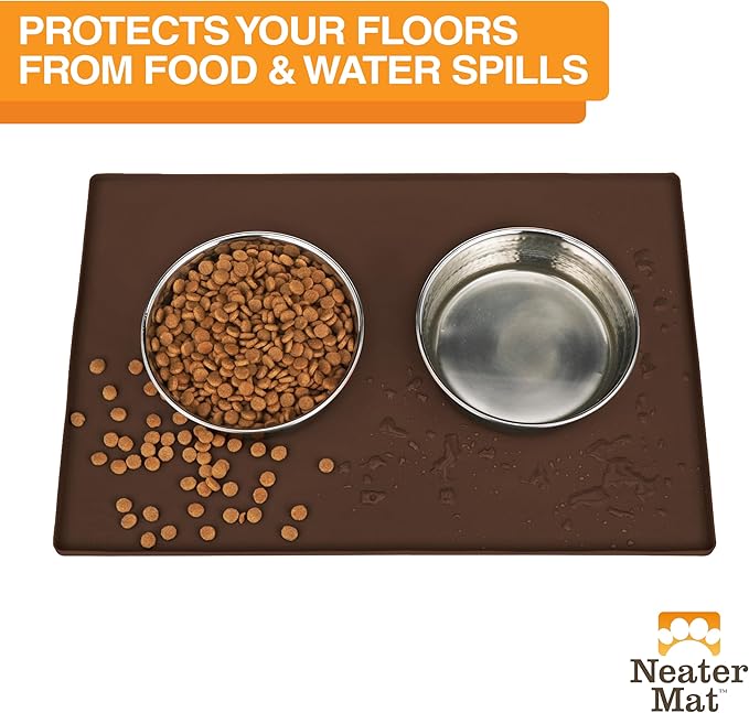 Neater Pet Brands Neater Mat Pet Mats for Food and Water, Cat & Dog Bowl Mat Waterproof Silicone, Feeding Tray, Dog Food Mats for Floors, Placemat w/Raised Edge for Under Bowls, 24" x 16", Brown