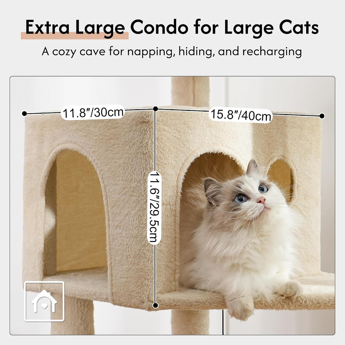 Cat Tree 32” Small Cat Tower with Large Hammock 16”& Self Groomer – Essentials for Cats - XXL-70" / Beige - image 4