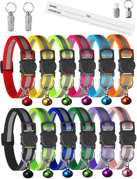 12 Pack Reflective-Breakaway Cat Collars with Bells - Kitten 6''-9'' (with 2 ID Tags)