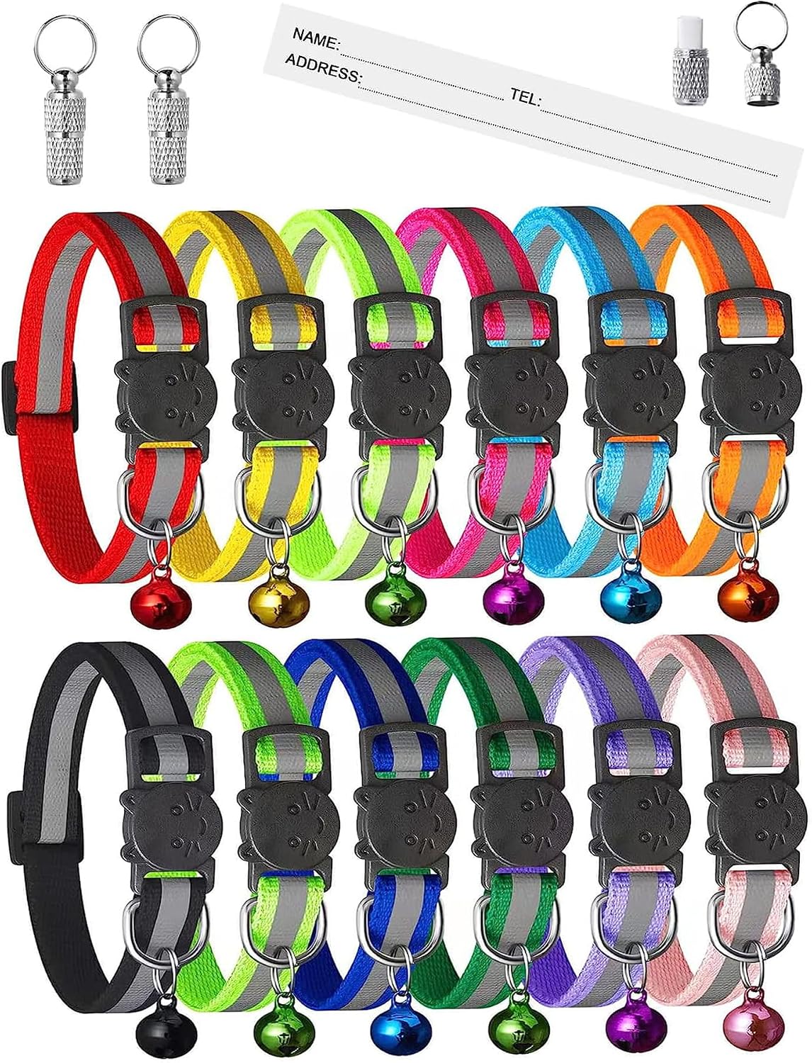 12 Pack Reflective-Breakaway Cat Collars with Bells - Kitten 6''-9'' (with 2 ID Tags)