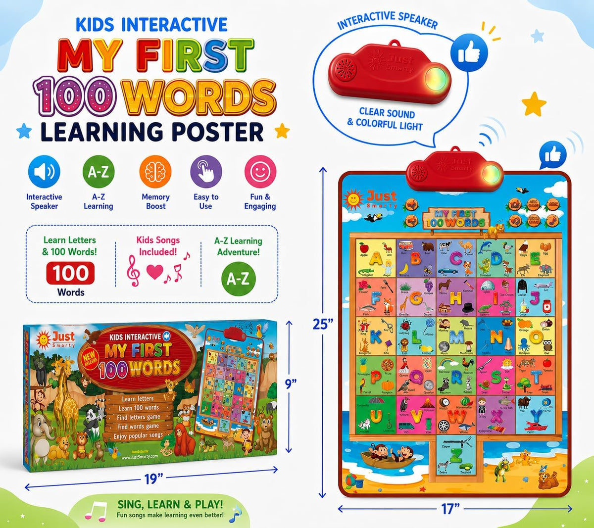 Just Smarty Interactive Alphabet Wall Chart, ABC & 123's, Blue – Fun for Kids & Family - 100 Words - image 4
