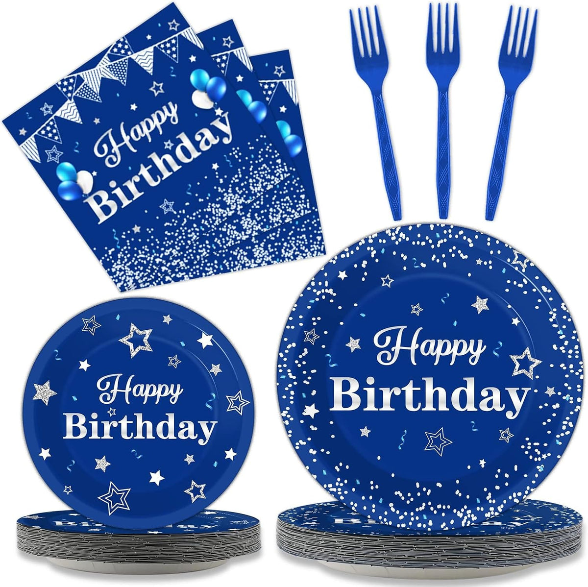 Tevxj navy blue and silver happy birthday tableware set with plates, napkins and forks for 24 - view 10
