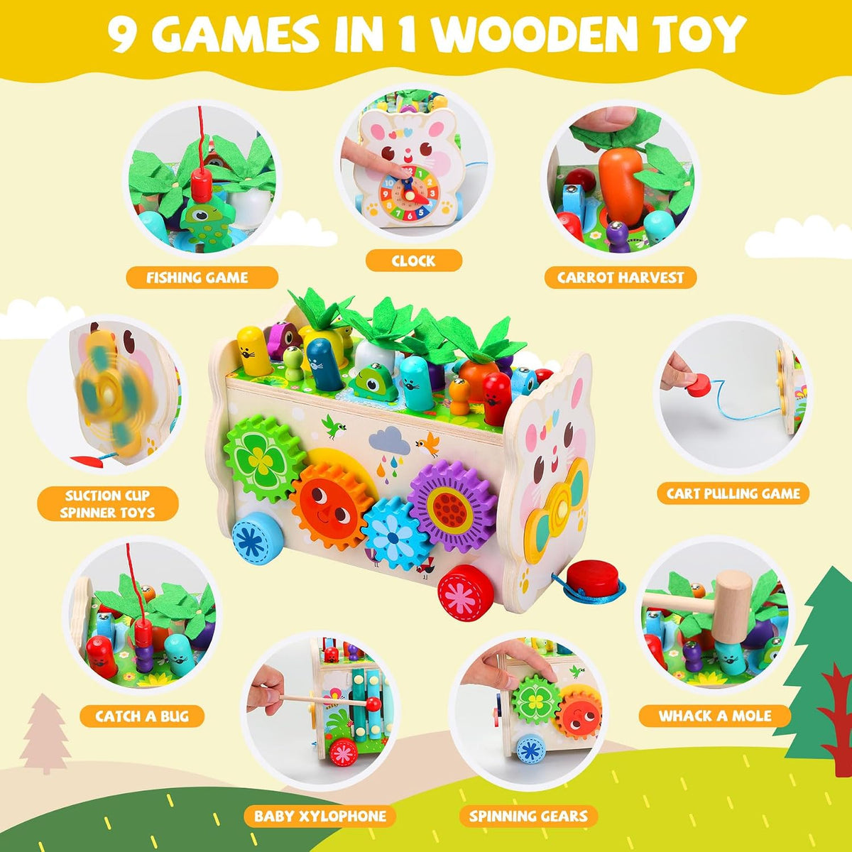 Teekdeer 9 in 1 Montessori wooden pounding toy with xylophone, gears and carrot harvest - view 2