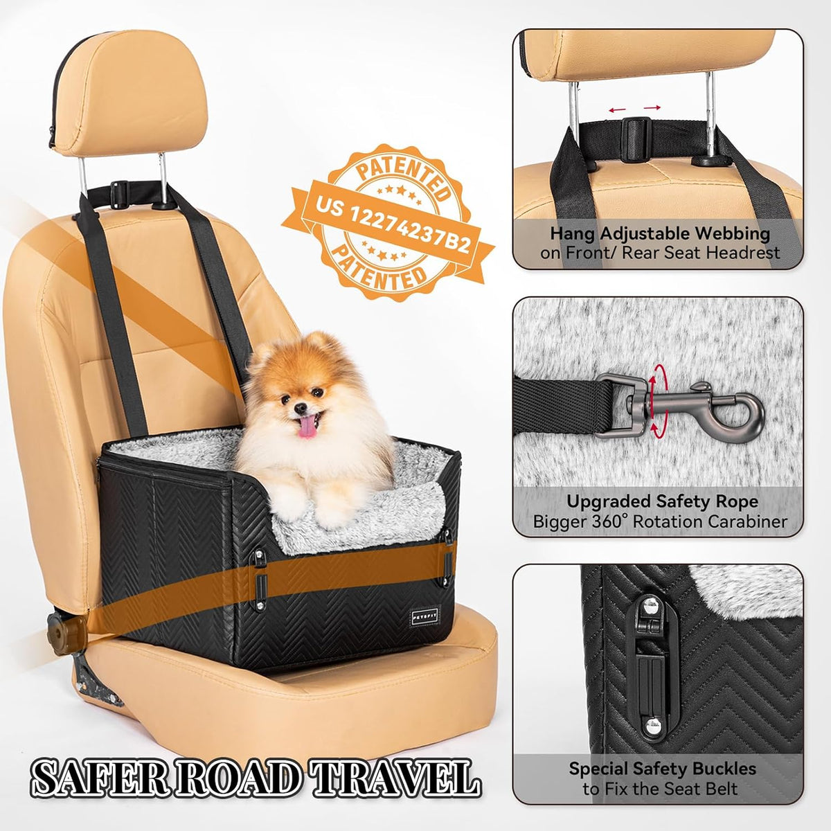 PETSFIT Dog Car Seats for Small Dogs, Patented Safety Buckles - Faux Leather / Glossy Black - image 3