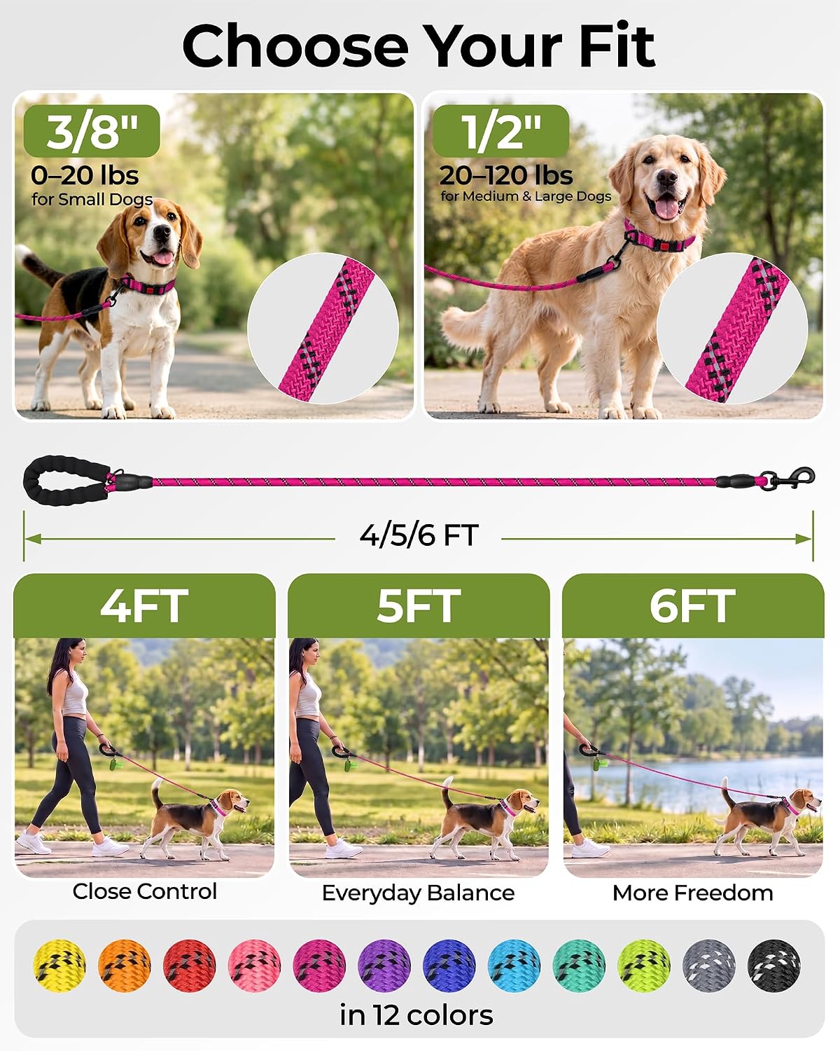 Taglory Rope Dog Leash for Medium Large Dogs - 1/2" x 4 FT (20~120 lbs.) / Hotpink - image 3