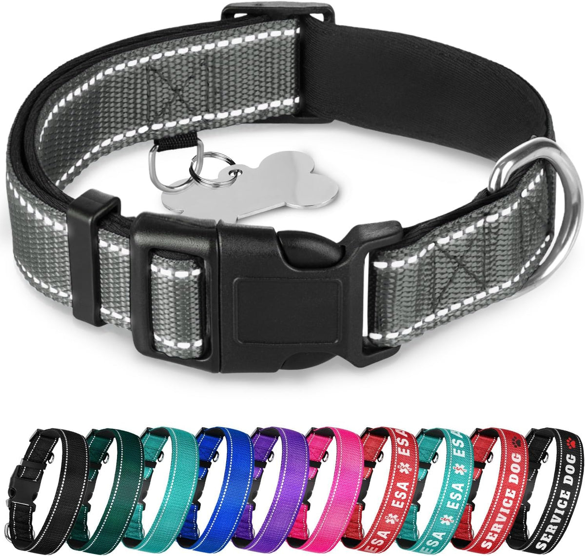 Reflective Neoprene Padded Dog Collar with Quick Release Buckle – Essentials for Dogs - Gray / XX-Small