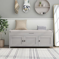 Storage Bench with 3 Shutter-Shaped Doors, Wood Shoe Bench with Removable Cushion and Hidden Storage Space for Entryway, Living Room, Hallway 43.5" L*16" W*18" H (Gray Wash Pine)