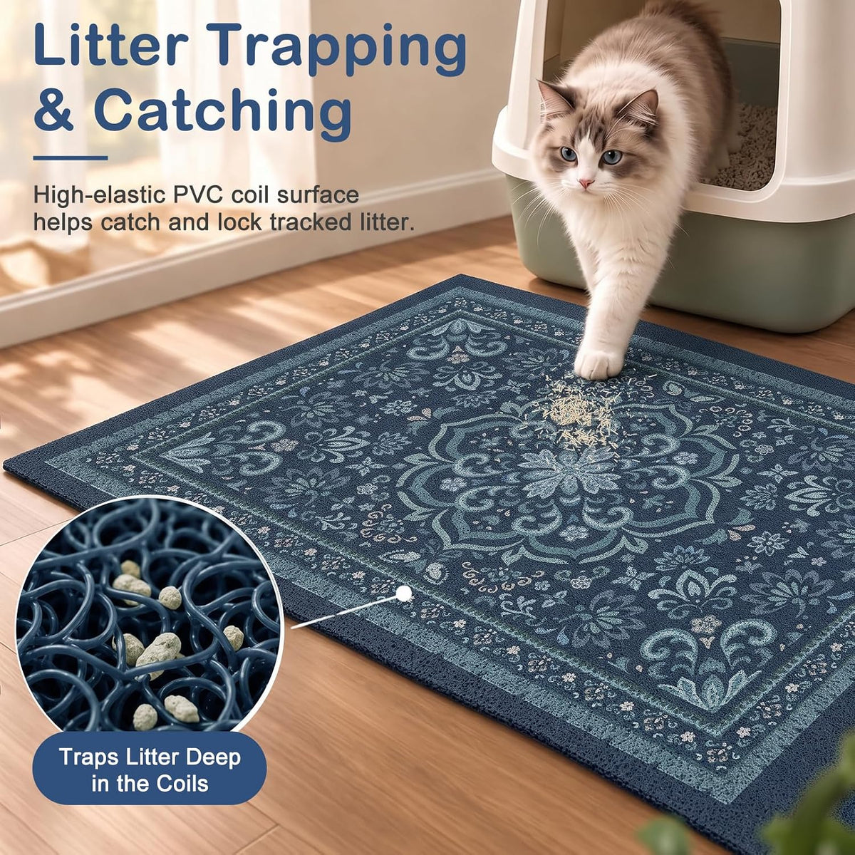 24"x15" Cat Litter Mat Non-Slip Washable Litter Box Mat – Daily Care for Cats - Navy Blue / 24X15in - image 2