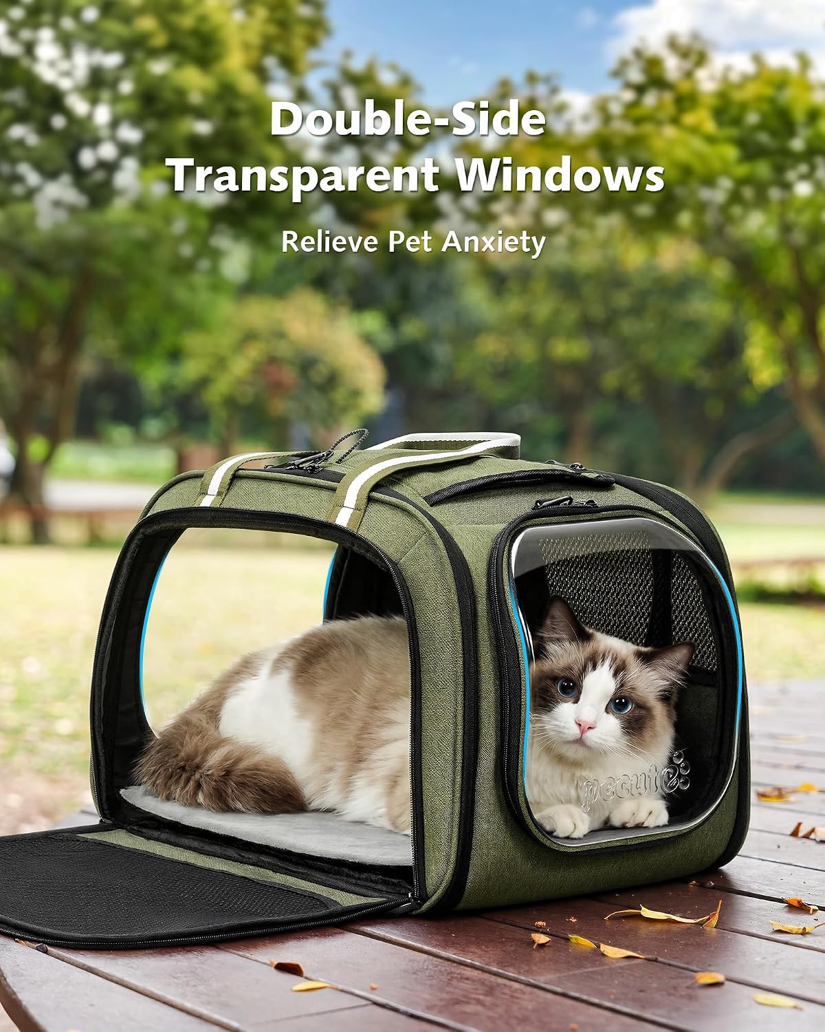 Pecute Cat Carrier, Double Bubble Pet Carrier for Cat Small Dogs - 18"L x 13.5"W x 14"H / Dark Green - image 3