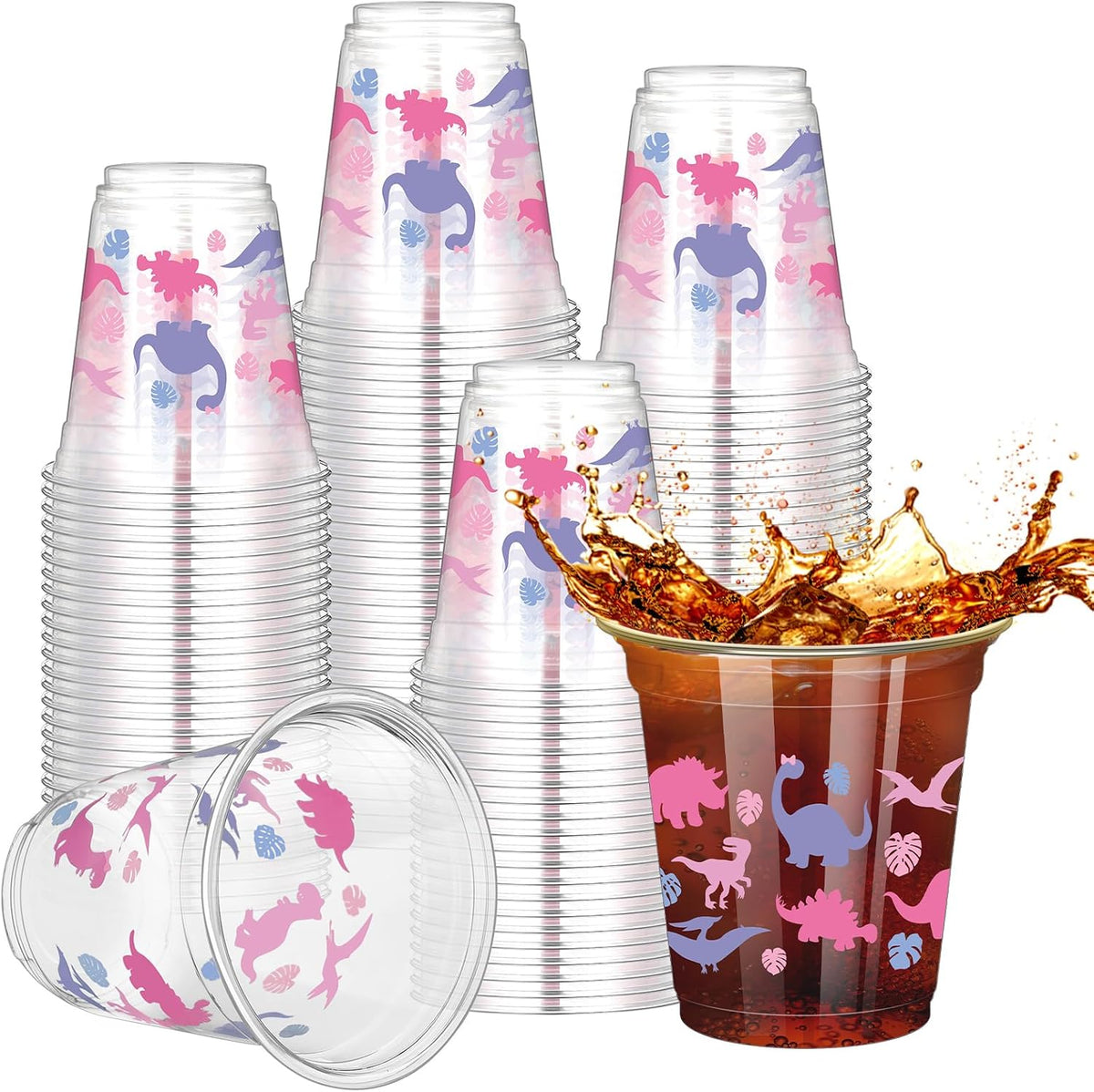 50 Pcs 12 oz Dinosaur Cups Dinosaur Birthday Decorations – Fun for Kids & Family - Pink / Dinosaur