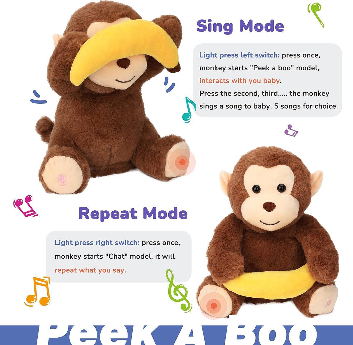Hopearl Peek A Boo Cow Interactive Repeats What You Say Plush Diary - Monkey with Banana - image 4