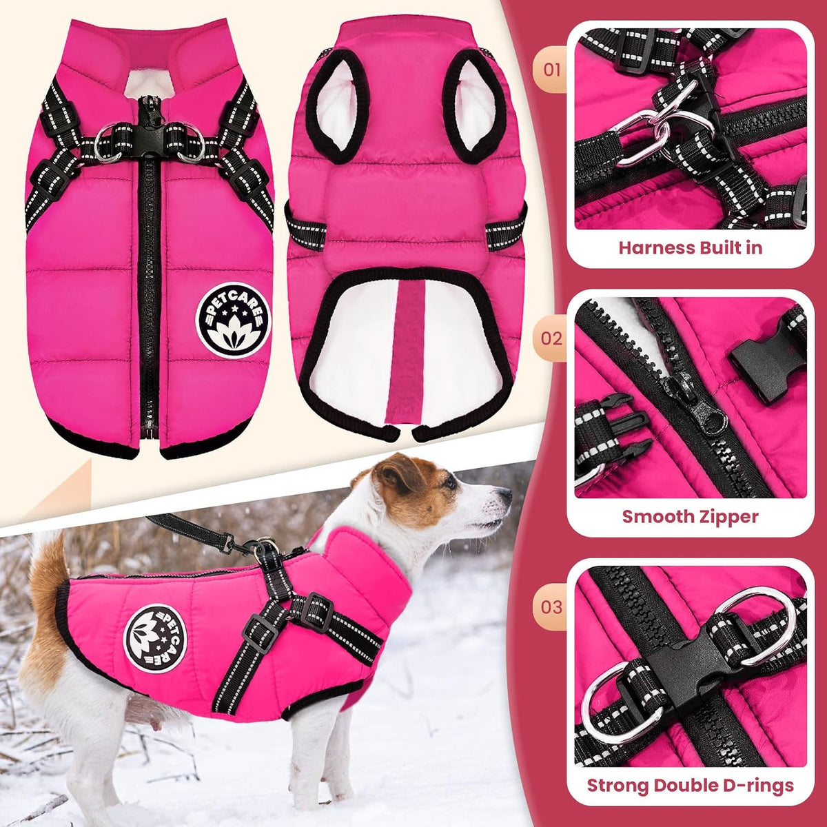 Winter Dog Coat with Harness Built in Waterproof Dog Jackets Warm Pet - Pink / L(Suggest 8-11 lbs) - image 2