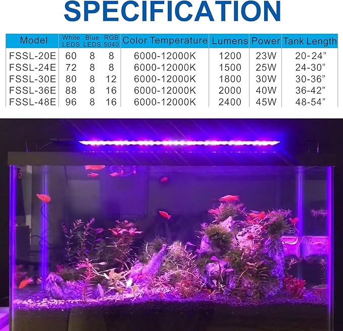 OYO WATER Aquarium LED Light 36"-38-44" with Timer, 24/7 Cycle, 5 Dimmable Brightness, Sunrise/Sunset Simulation for 10/20/30/55 Gallon Fish Tank