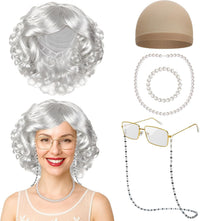 Huskein Old Lady Costume, Old Lady Cosplay Silver Bun Wig Glasses Wig Cap Pearl Necklace Bracelet - Silver-lady