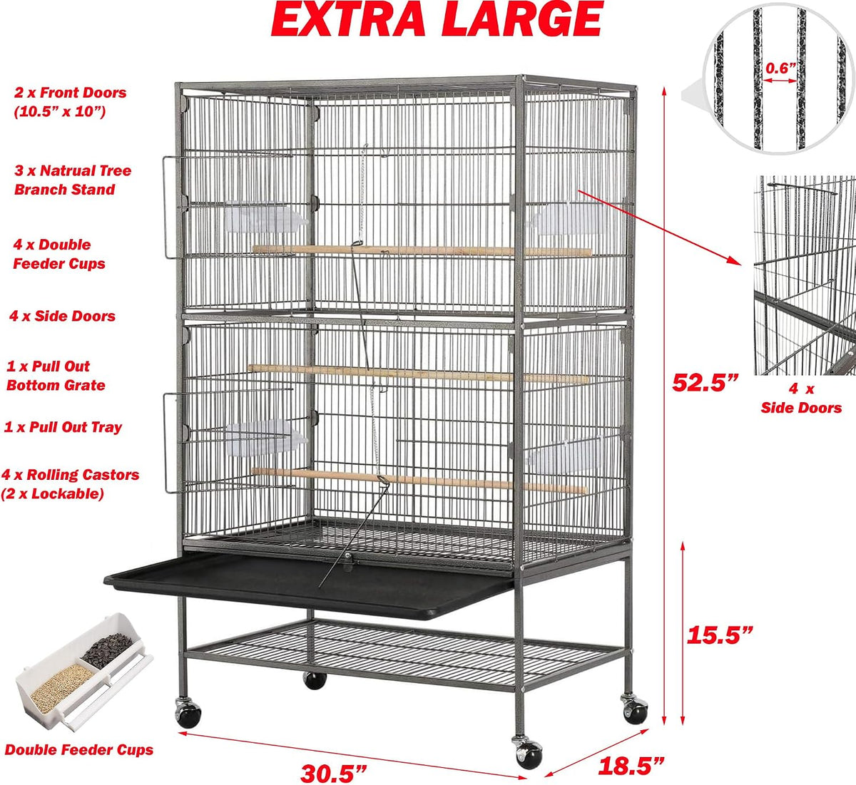 30.5Lx18.5Wx52.5 H Sturdy Wrought Iron Bird Parrot Home Cage On Wheels – Essentials for Birds - Black Vein / 30.5"L x 18.5"W x 52.5"H - image 2