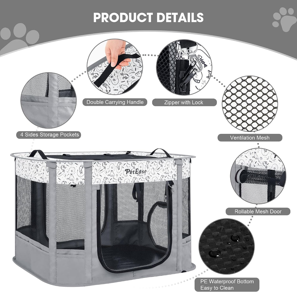 Portable Cat Playpen with Litter Box, Cat Enclosure for Camping - Light gray / Double - image 4