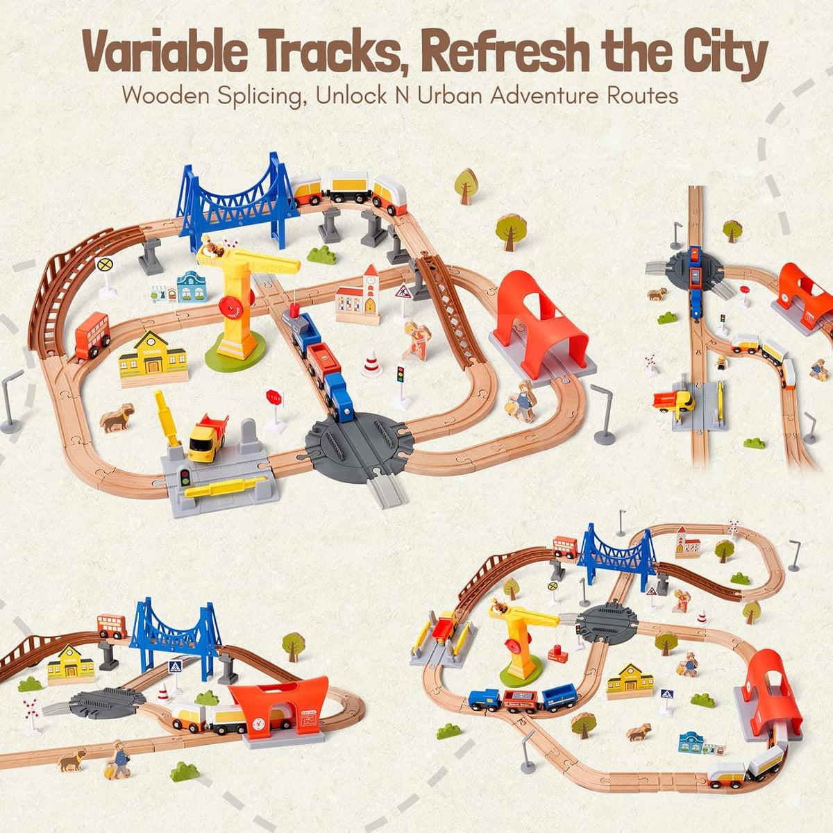 Giant bean 72PCS Fire Station Wooden Train Track Electric Train Set – Fun for Kids & Family - Modern City train set - image 4