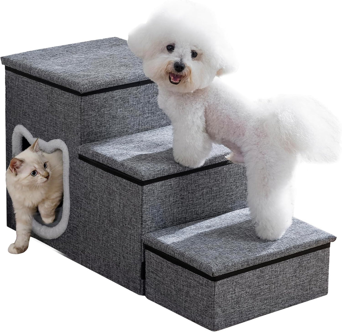 17" H Cat Stairs for Old Cats, Doggie Steps for Small Dogs - Grey / 3-Step