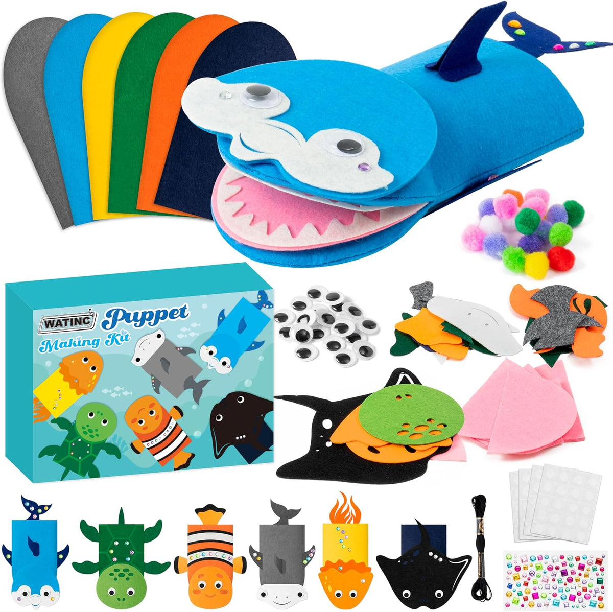 WATINC Hand Puppet Making Kit, Felt Sock Puppet Toys for Kids – Fun for Kids & Family - Ocean Animals A
