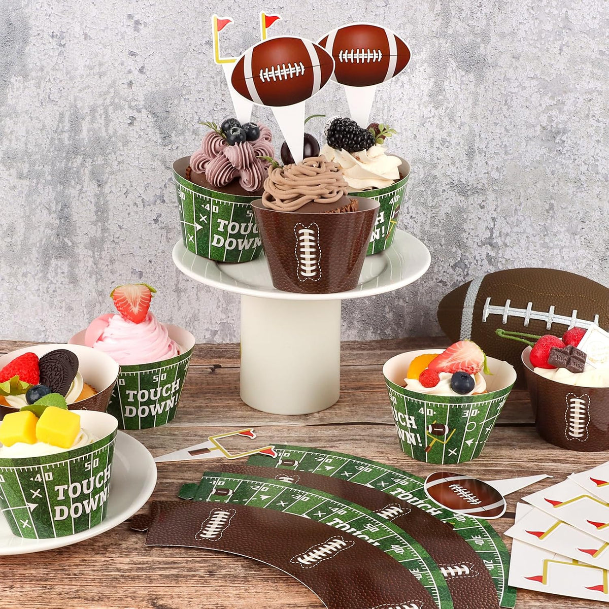 Hxezoc football cupcake toppers and wrappers set with brown and green football designs - view 16