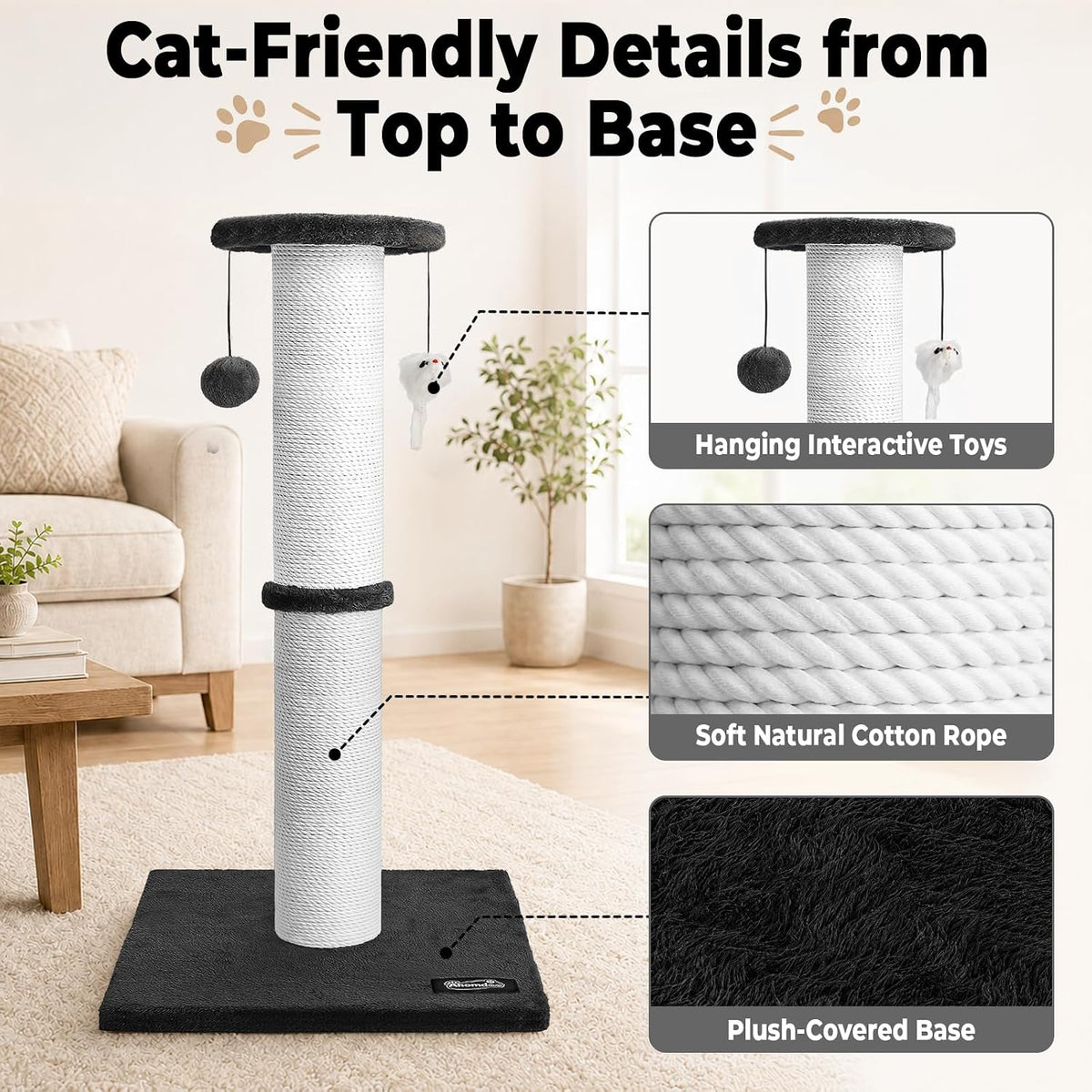 34-Inch Tall Cat Scratching Post for Large Cats, Stable Base - Black - image 4