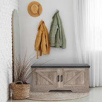 2-Tier Storage Bench, Shoe Bench with Padded Seat Cushion, Entryway Bench with 2 Barn Doors, Adjustable Shelf, 13.8" D x 39.4" W x 17.7" H, for Entryway, Living Room, Bedroom, Greige