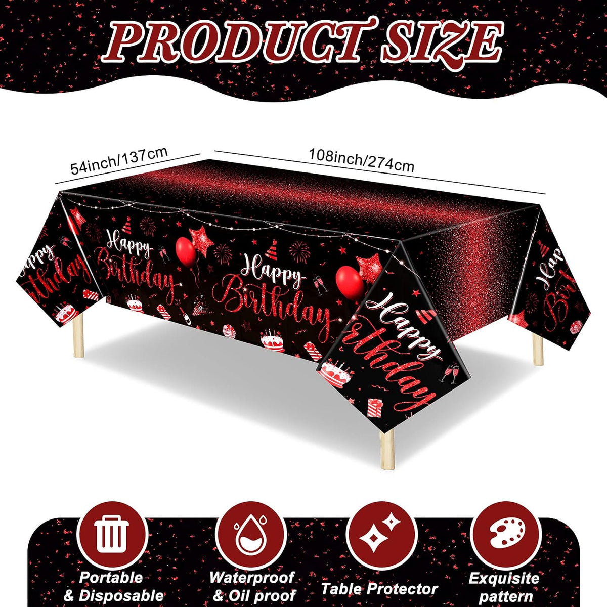 Tudomro 3 Pcs Plastic Happy Birthday Party Tablecloths - Black Red / 3 - image 4