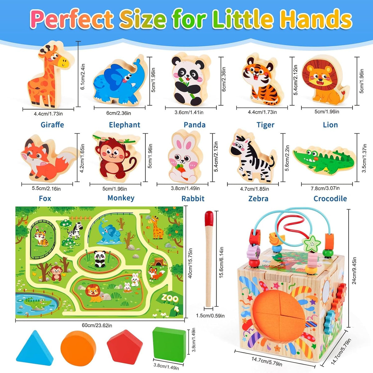 KMTJT 7-in-1 wooden activity cube with bead maze, learning clock and shape sorter - view 3