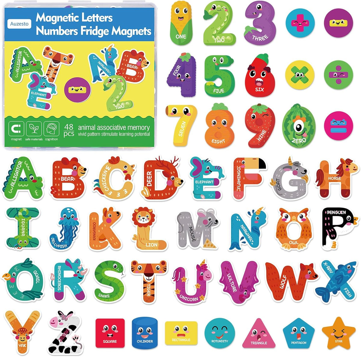 Auzesto 48 magnetic letters and numbers shaped like animals, fruits and vegetables