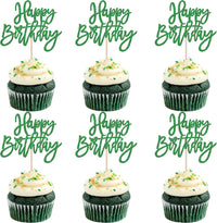 24 PCS Happy Birthday Cupcake Toppers Glitter Picks for Celebrating - Green