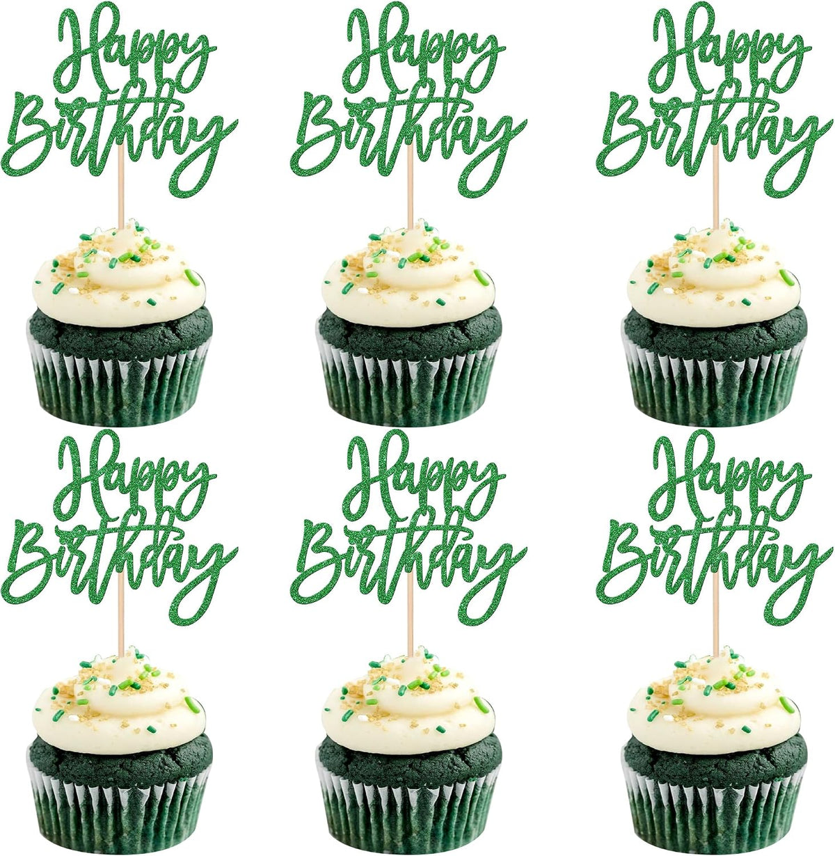 24 PCS Happy Birthday Cupcake Toppers Glitter Picks for Celebrating - Green