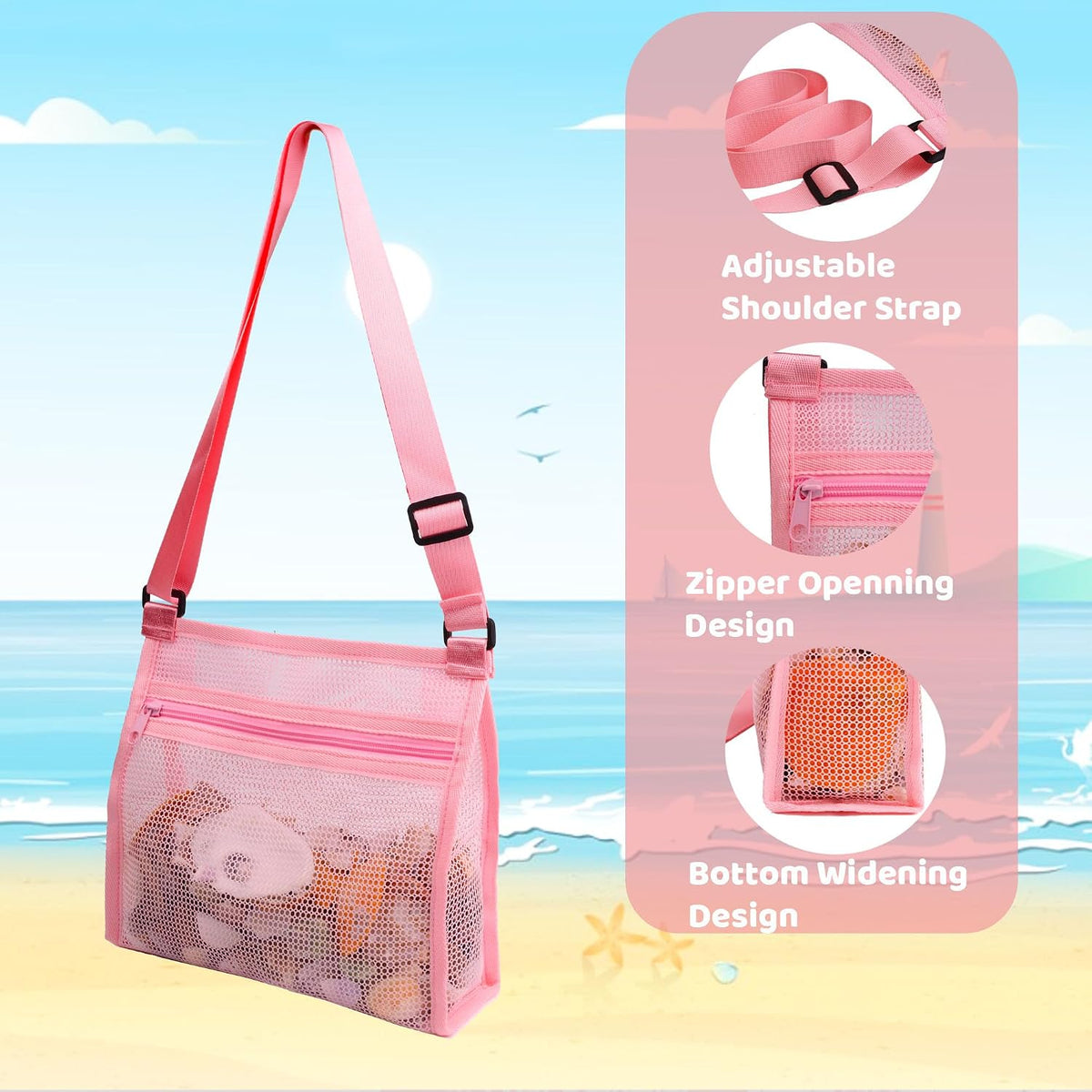 MUYIZI Mesh Beach Bag for Shells Collecting 3 Pack - Pink+Purple+Green - image 3