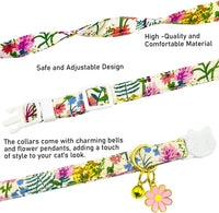 2 Pack Cotton Breakaway Cat Collars Set with Bell and Flower Pendant - beige+navy blue - image 2