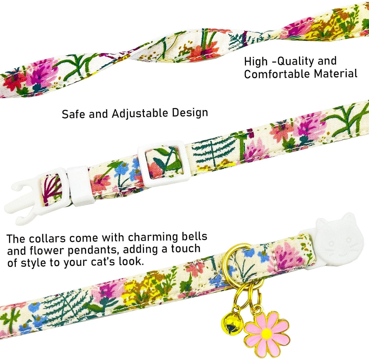 2 Pack Cotton Breakaway Cat Collars Set with Bell and Flower Pendant - beige+navy blue - image 2
