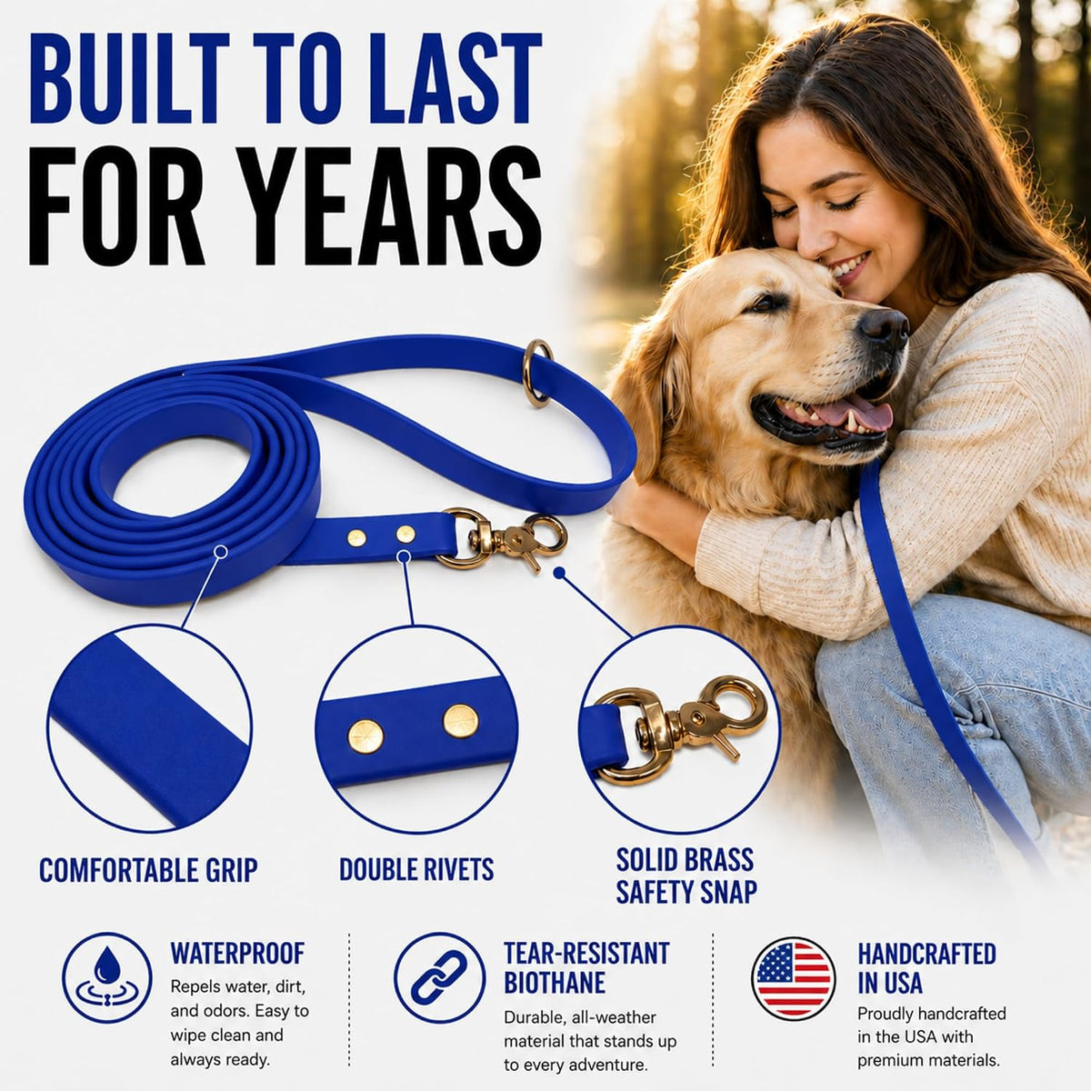 Biothane Leash, Brass, 6 ft x 5/8, Black – Essentials for Dogs - 3/4 / Blue - image 4