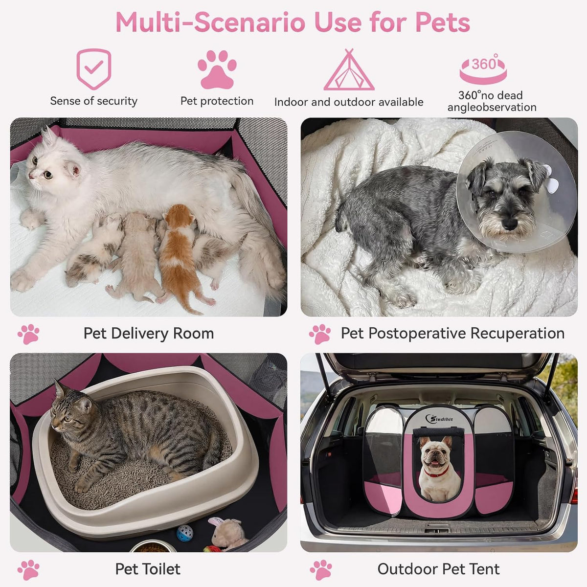 Siedihit Dog Cat Playpen, Puppy Pet Playpen Indoor for Small Dog Crate Tent Cage Outdoor, Portable - Pink / Medium - image 4