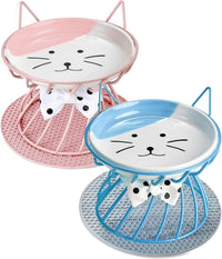 Set of 4 Elevated Ceramic Cat Bowls, Assorted Colors – Essentials for Cats - Pink+Blue