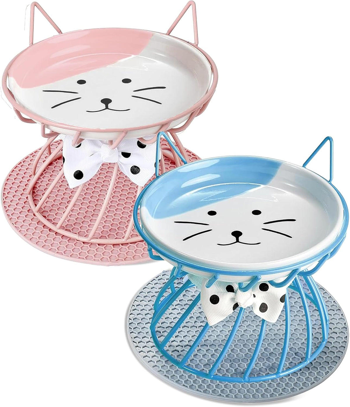 Set of 4 Elevated Ceramic Cat Bowls, Assorted Colors – Essentials for Cats - Pink+Blue