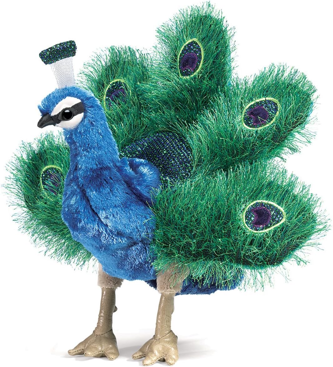 Folkmanis small peacock hand puppet in blue, green and gold plush