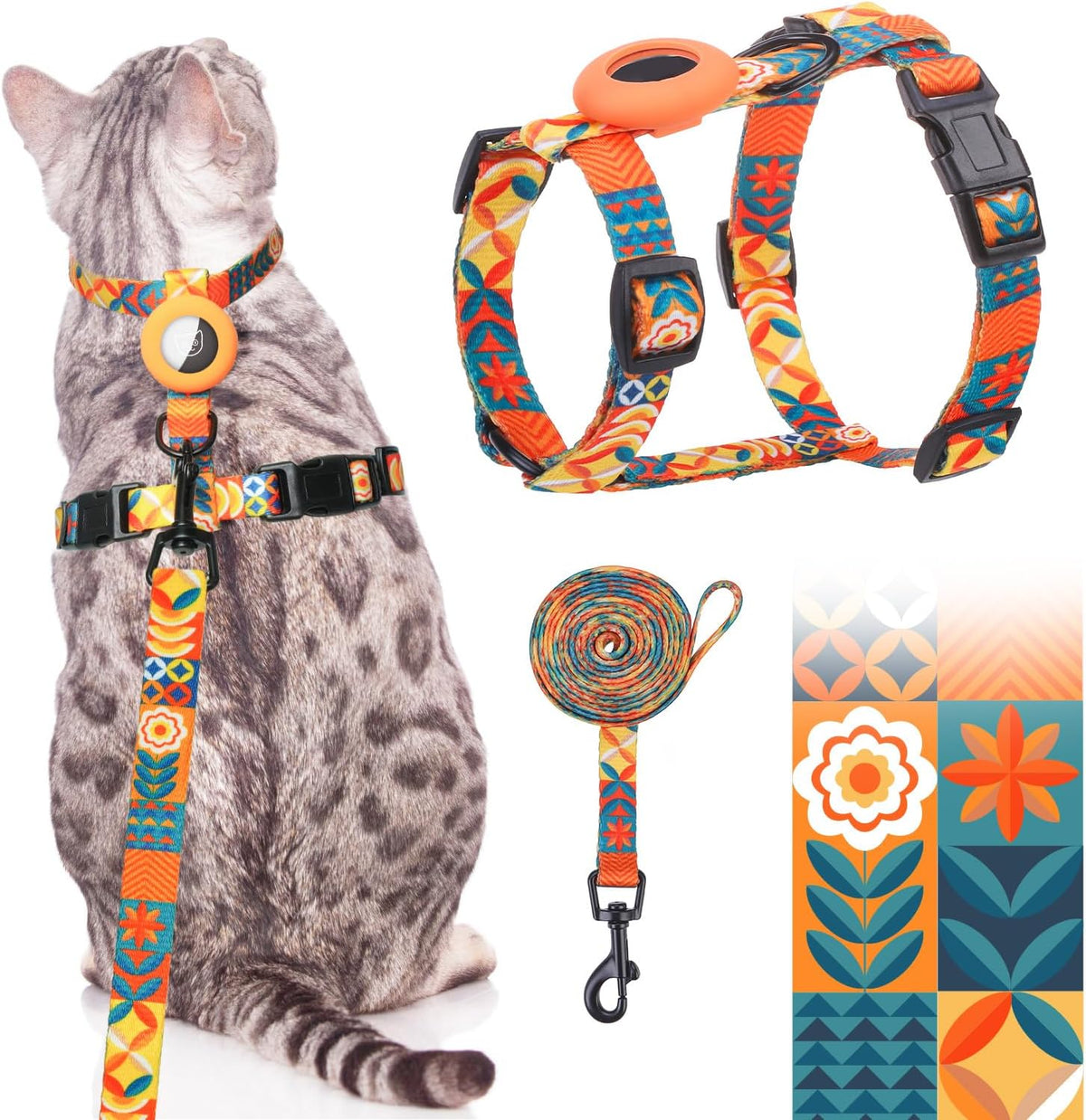 Adjustable Cat Harness and Leash Set with AirTag Holder - Orange